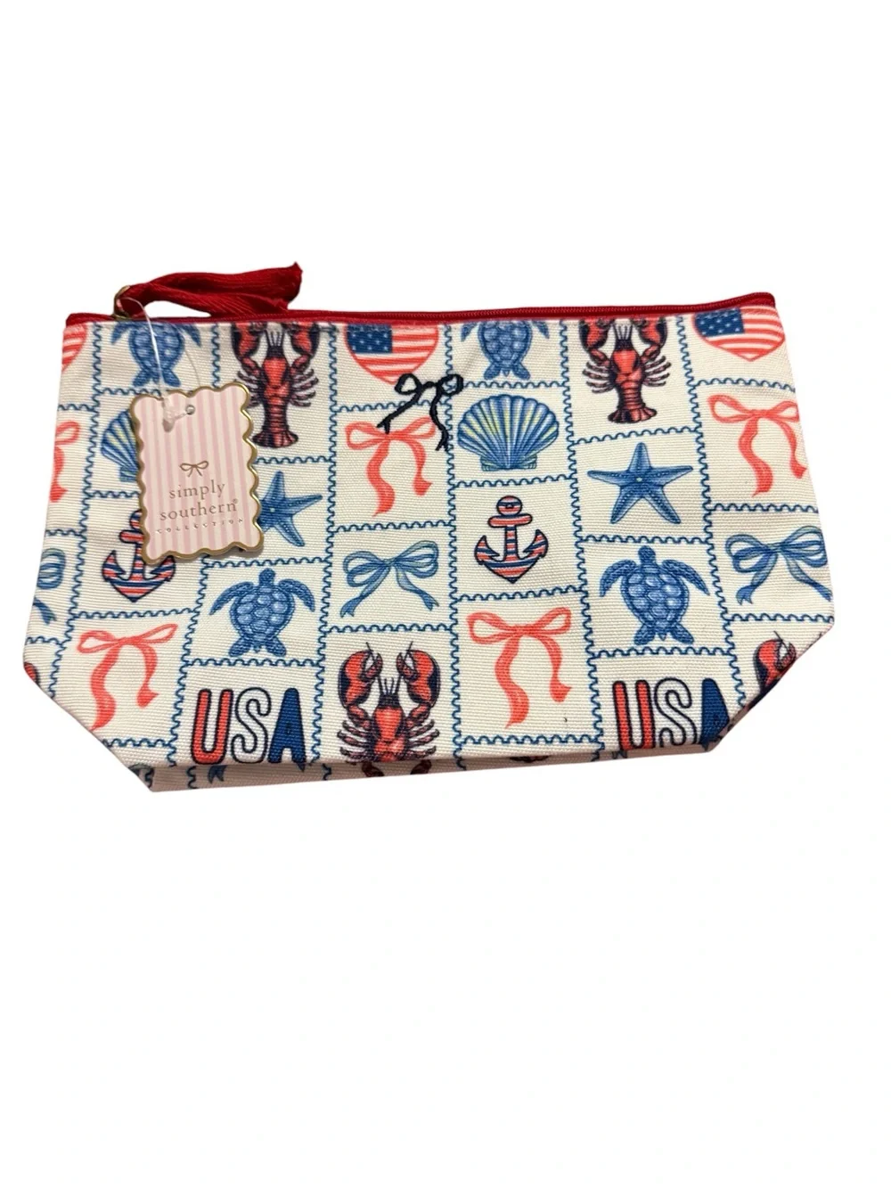 Simply Southern Patriotic Nautical Cosmetic Bag USA Lobster Coastal NWT